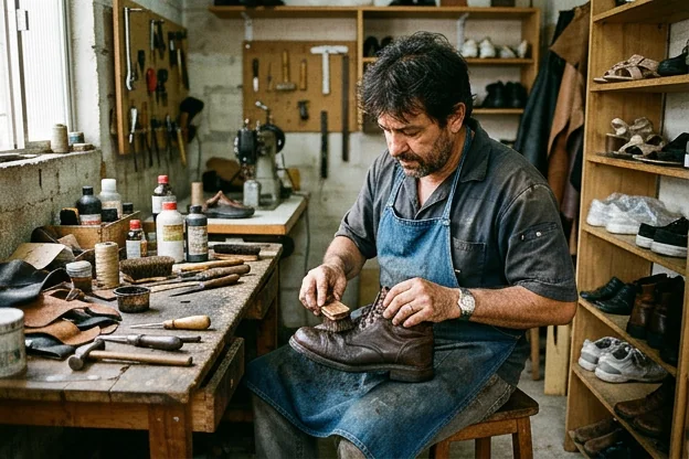 Sapateiro aplicando impermeabilização em sapatos em Carapicuíba.